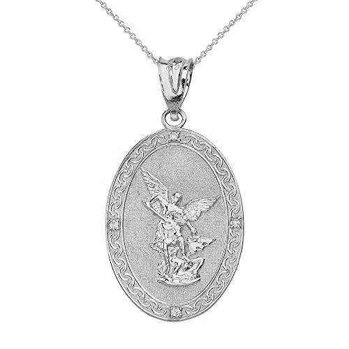 Sterling Silver Saint Michael The Archangel CZ Oval Medal Necklace 1 16