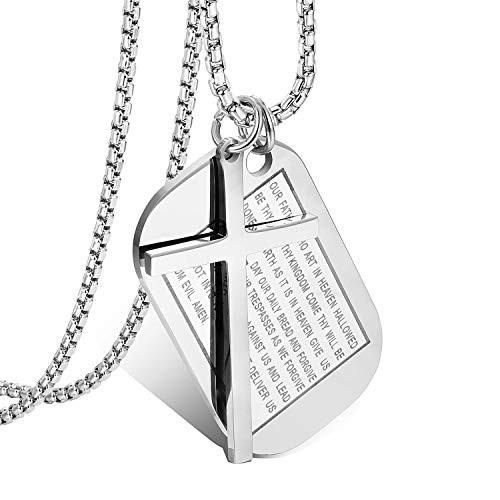 Cupimatch Silver Mens English Bible Dog Tags Cross Prayer Pendant Necklaces Stainless Steel Jesus Verse Lords Catholic Necklace Chain 24