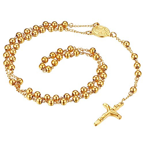 Cupimatch Vintage Gold Stainless Steel Religious Long Rosary Beads Cross Pendant Chain Necklace Jewellery for Women Men