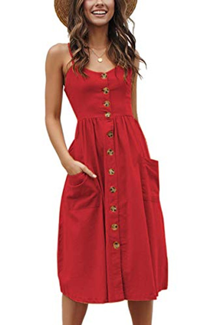 Angashion Womens DressesSummer Floral Bohemian Spaghetti Strap Button Down Swing Midi Dress with Pockets 182 Red M