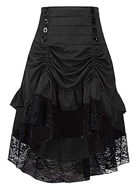 Sorrica Womens Steampunk Retro Gothic Vintage Ruffle High Low Gypsy Hippie Lace Party Skirt S Black