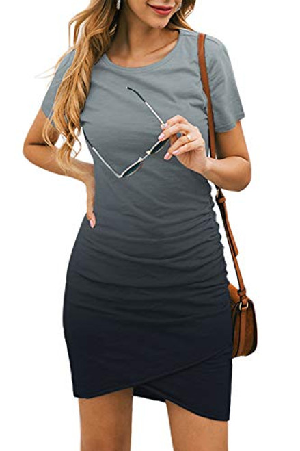 NSQTBA Womens Dresses Summer Short Sleeve Round Neck Casual Bodycon Ruched Mini Gradient Dress Grey M NSQTBA Womens Dresses Summer Short Sleeve Round Neck Casual Bodycon Ruched Mini Gradient Dress Grey M
