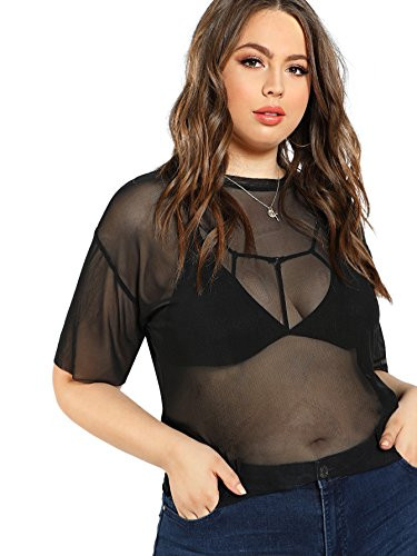 Floerns Womens Plus Size Short Sleeve Sheer Mesh Tops T Shirt Blouse A Black 2XL