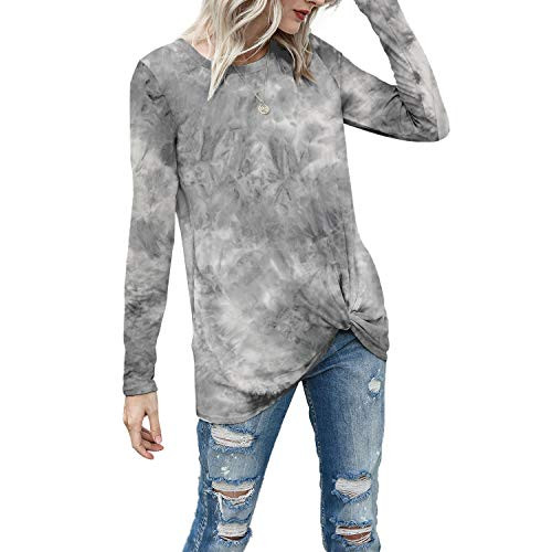 BASVO Davenil Womens Casual Tie Dye Shirt Twist Knot Long Sleeve Round Neck Loose Fit Tunic Tops Grey Size M