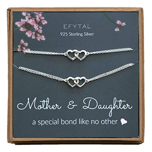 EFYTAL Mom Gifts 925 Sterling Silver Double Heart Necklace  Bracelet Set for Mother  Daughter Mom Necklaces for Women Best Birthday Gift Ideas Pendant Mothers Jewelry For Her Mothers Day