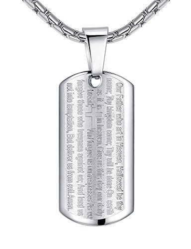 Aoiy Mens Stainless Steel Lords Prayer and Cross Medallion Pendant Necklace SilverTone 23 ddp006yi