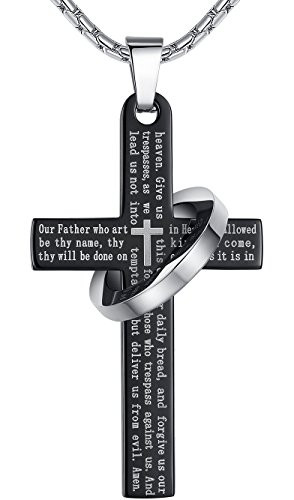 Aoiy Mens Stainless Steel Lords Prayer Cross Halo Pendant Necklace Black Color 23 Chain ddp010he