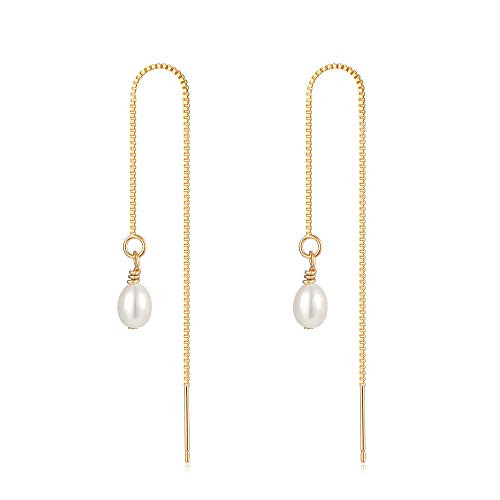 Gold Dangle Drop Earrings for Women 14K Gold Plated Cute Tassel Threader Earrings Dainty Long Drop Pearl Earrings for Women