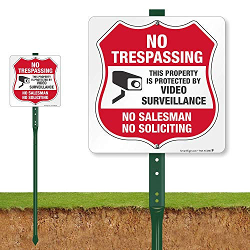 SmartSign No Trespassing Yard Sign with Stake 3 Tall This Property is Protected by Video Surveillance No Salesman No Soliciting Sign for LawnYard  10 Square Aluminum Metal Sign