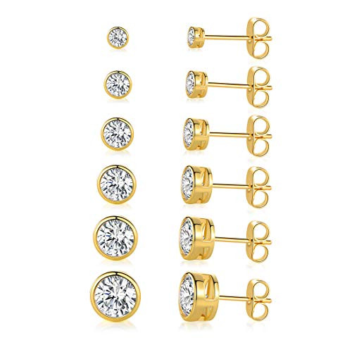 14K Yellow Gold Plated Round Clear Cubic Zirconia Stud Earring Pack of 6 Pairs 6 Pairs