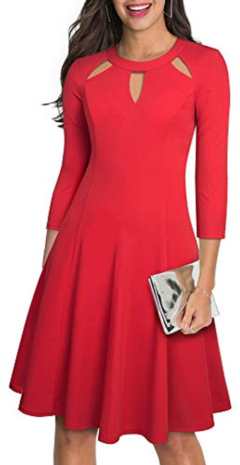 HOMEYEE Womens Vintage V Neck Hollow Out Swing Casual Cocktail Party Dresses A189Red8 HOMEYEE Womens Vintage V Neck Hollow Out Swing Casual Cocktail Party Dresses A189Red8