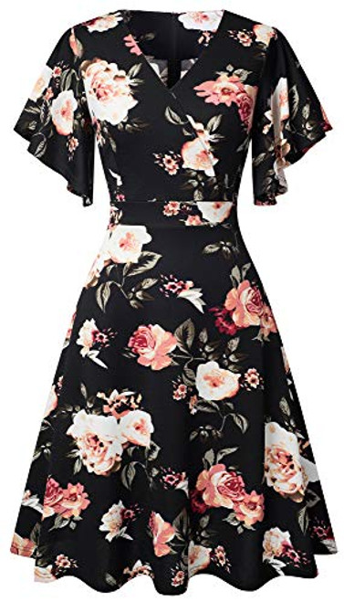 HOMEYEE Womens Vintage V Neck Casual Floral ALine Party Cocktail Swing Dress A193Black Floral8