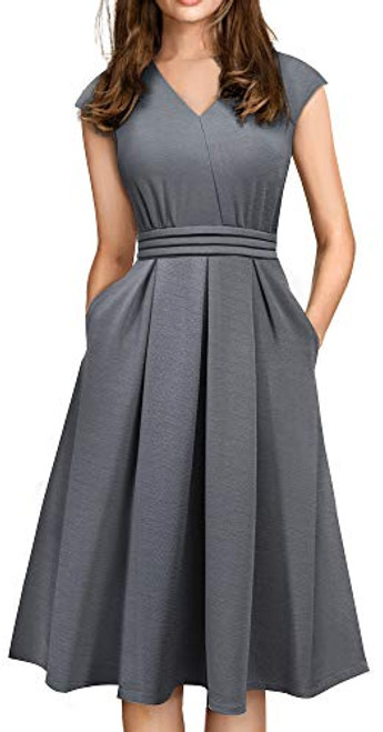 HOMEYEE Womens Vintage V Neck Casual Flare Swing Dress with Pockets A196Grey6 HOMEYEE Womens Vintage V Neck Casual Flare Swing Dress with Pockets A196Grey6