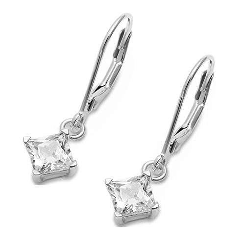 Solitaire Leverback Earrings 3mm8mm Princess Cut Square Simulated Cubic Zirconia 925 Sterling Silver