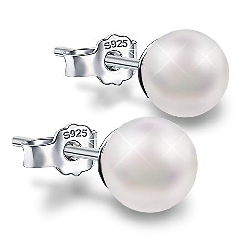 Pearl Earrings S925 Sterling Silver White Button Pearl Stud Earrings High Polished 8mm Pearl Ball Round Beads Earrings Hypoallergenic Pearl Piercing Earrings Gift for WomenGirls White