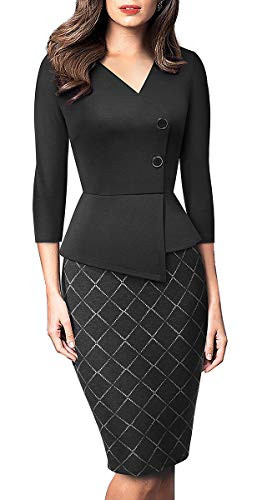HOMEYEE Vintage Work Dress for Women Peplum Business Formal Pencil Dress B5646Black