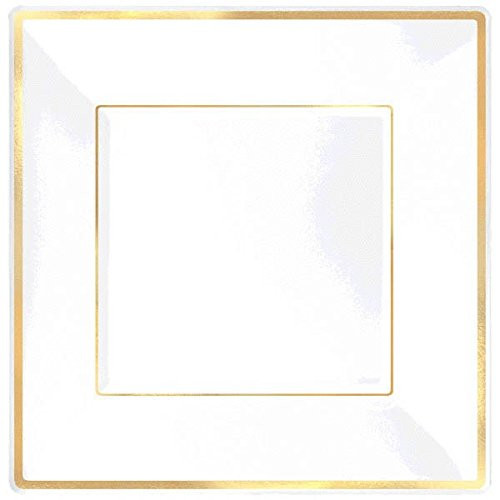 Elegant Square Plastic Plate Party Tableware, 8 Pieces, Made from Plastic, White with Gold Trim, 7 1/4" by Amscan, White/Gold