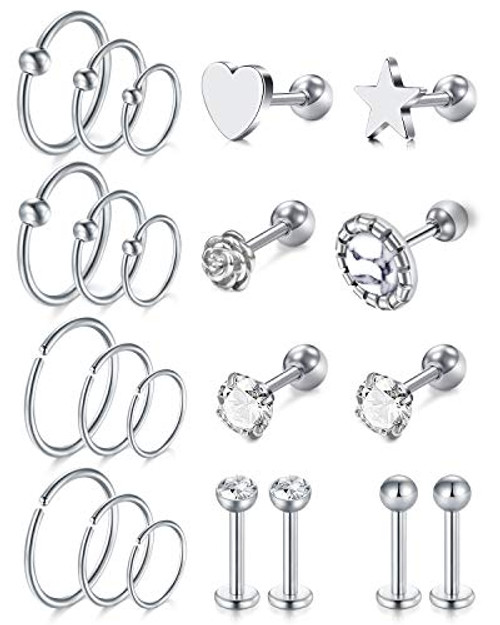 LAURITAMI 20g 16g 18g Stainless Steel Cartilage Earrings Hoop for Men Women Stud Earrings Ball CZ Tragus Helix Piercing Jewelry Set