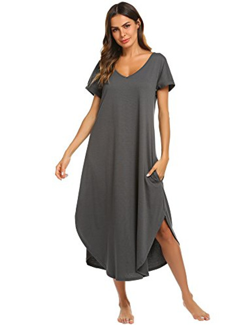 Ekouaer Sleepwear Womens V Neck Nightshirt Casual Loungewear Short Sleeve Long NightgownDark GreyXXLarge Ekouaer Sleepwear Womens V Neck Nightshirt Casual Loungewear Short Sleeve Long NightgownDark GreyXXLarge