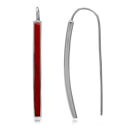 Silvershake Long Created Red Coral Inlay White Gold Plated 925 Sterling Silver Threader Earrings