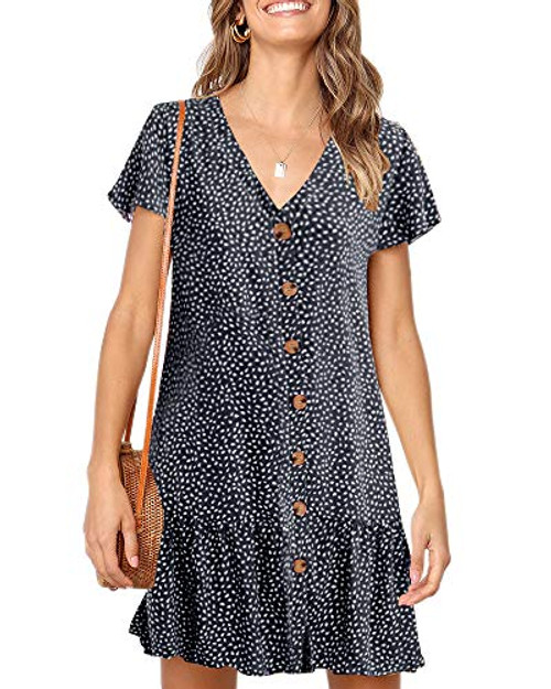 Imysty Womens Polka Dot V Neck Button Down Ruffles Loose Mini Short TShirt Dress Navy Blue