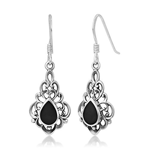 925 Sterling Silver Bali Inspired Vintage Black Onyx Gemstone Filigree Dangle Hook Earrings 925 Sterling Silver Bali Inspired Vintage Black Onyx Gemstone Filigree Dangle Hook Earrings