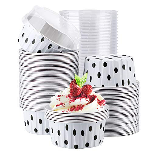 Baking Cups Foil Eusoar 100pcs 5oz Disposable Muffin Cupcake Liners Cups with Lids Disposable Aluminum Foil Cupcake Liners Creme Brulee Ramekins Holders Cases Boxes Pans with Lids