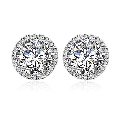 Silver Cubic Zirconia Stud Earrings  925 Sterling Silver Swarovski Crystal Round Diamond Rhinestone CZ Halo Studs Earrings for Women Men Everyday Earrings 9mm