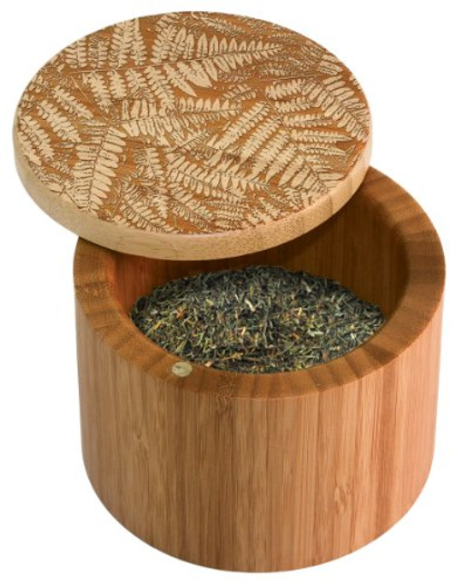 Totally Bamboo Salt Box, Bamboo Storage Box with Magnetic Swivel Lid,"Fern" Art Engraved on Lid