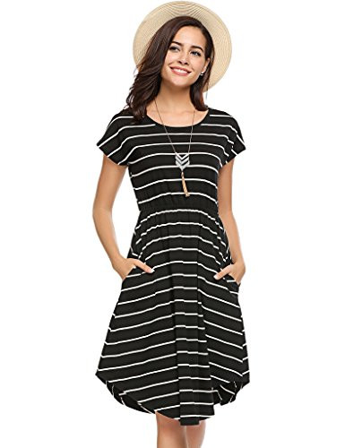 Halife Womens Summer Short Sleeves Pocket Dress Striped Loose TShirt Dress BlackS