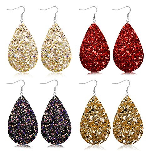FIBO STEEL 4 Pairs Lightweight Leather Drop Earrings for Women Girls Boho Teardrop Dangle Earring Set