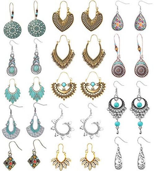 FIBO STEEL 14 Pairs Vintage Statement Bohemian Earrings for Women Gypsy Tribal National Style Hollow Water Drop Dangle Boho Retro Earrings Set