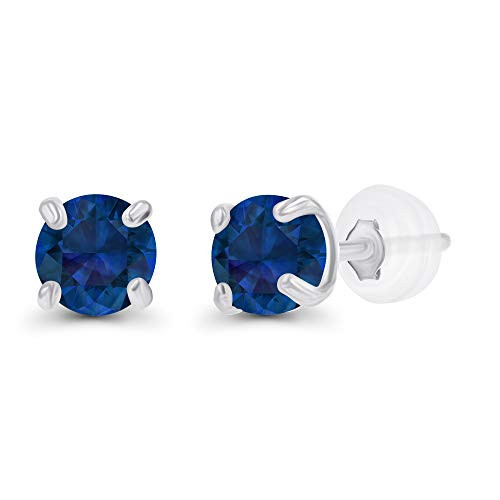 Genuine 14K Solid White Gold 3mm Round Created Blue Sapphire Genuine September Birthstone Stud Earrings For Women