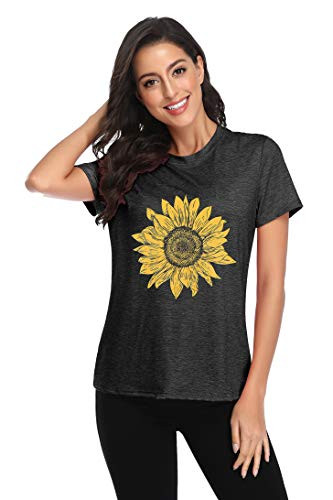 Women Sunflower Graphic Print T Shirt Top Short Sleeve Casual Tees Tops Faith Tee Shirt S Gray