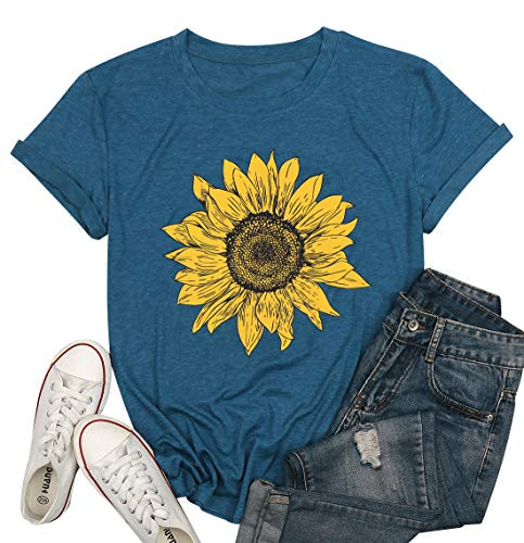 Women Sunflower Graphic Print T Shirt Top Short Sleeve Casual Tees Tops Faith Tee Shirt XL Blue