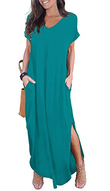 GRECERELLE Womens Casual Loose Pocket Long Dress Short Sleeve Split Maxi Dresses Aicd BlueXSmall GRECERELLE Womens Casual Loose Pocket Long Dress Short Sleeve Split Maxi Dresses Aicd BlueXSmall