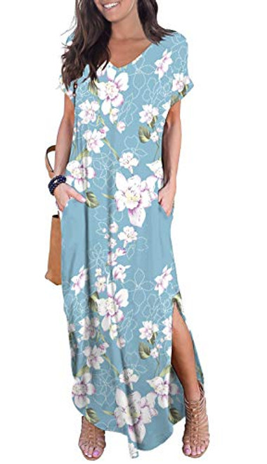 GRECERELLE Womens Casual Loose Long Dress Short Sleeve Floral Print Maxi Dresses with Pockets Light Blue Large GRECERELLE Womens Casual Loose Long Dress Short Sleeve Floral Print Maxi Dresses with Pockets Light Blue Large