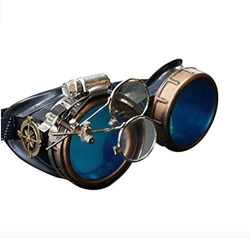 Enjoy Your Steampunk Victorian Style Goggles with Compass Design Azure Blue Lenses  Ocular Loupe