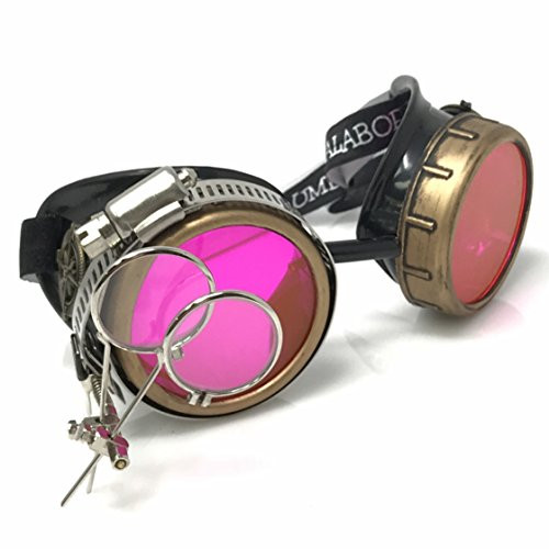 Steampunk Victorian Style Goggles with Compass Design Neon Pink Lenses  Ocular Loupe