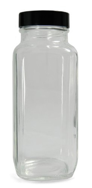 Qorpak GLC01331 Clear Glass French Square Bottle with 43400 Black Polypropylene Cap and PTFE Disc 51mm OD x 137mm Height 8oz Capacity Case of 24