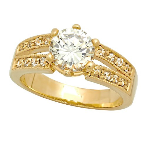 The Bling Factory Gold Plated Round CZ Solitaire Ring wDual Rows of Accent CZs Size 8  Microfiber