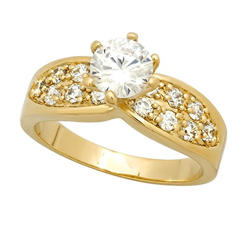 The Bling Factory 7mm Gold Plated Round CZ Solitaire Ring wCZ Accented Band Size 4  Microfiber