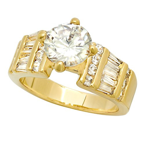 The Bling Factory 8mm Gold Plated Round CZ Solitaire Ring wBaguette  Round CZs Size 4  Microfiber