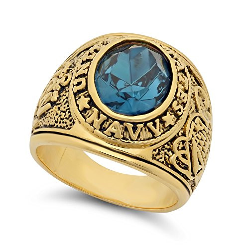 The Bling Factory Large 15mm 14k Gold Plated Simulated Aquamarine Blue CZ Military Ring Size 135  Bonus Polishing Cloth