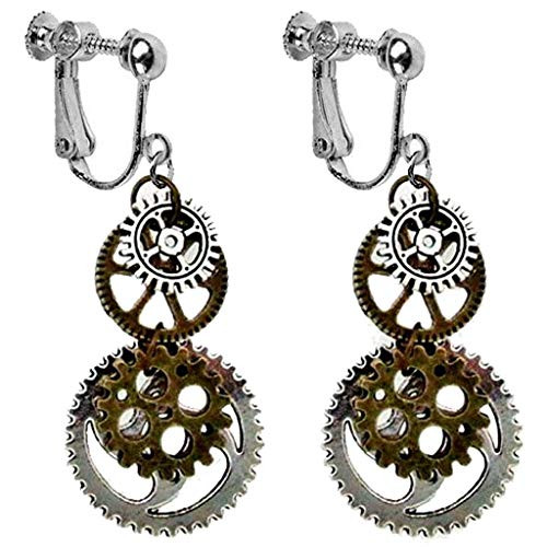 Women and Girl Antique Bronze Steampunk Gear Clock Clip on Chandelier Earrings Vintage Dangle