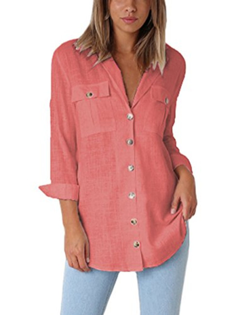 GRAPENT Womens Casual Loose Rollup Sleeve Blouse Pocket Button Down Shirts Tops L?US 1214?