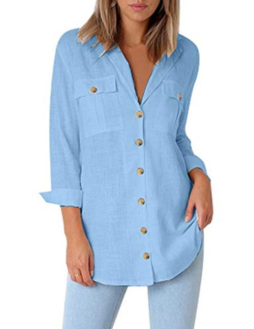 GRAPENT Womens Blue Casual Loose Rollup Sleeve Blouse Pocket Button Down Shirts Tops Large US 1214