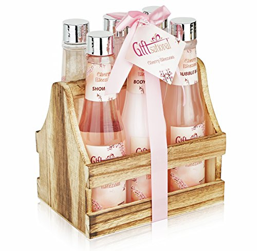 Spa Gift Basket with Cherry Blossom Fragrance Wooden Cabinet with 6 Bottles Great Mothers Day Gift Birthday or Anniversary Gift Set For Women Includes Shower Gel Bubble Bath Body Lotion  More