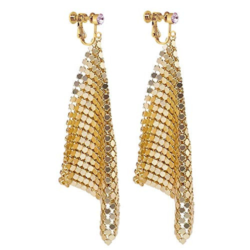 Long Dangle Rhinestone Clip on Earrings Trendy Women Metal Mesh Grid Sequins Tassel Long Drop Goldtone