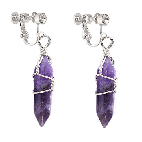 Amethyst Clip on Earrings Drop Dangle Real Natural Quartz Crystal Gemstone Wire Wrap Jewelry for Women Amethyst Clip on Earrings Drop Dangle Real Natural Quartz Crystal Gemstone Wire Wrap Jewelry for Women